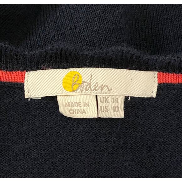 Boden Merino Wool Scallop Trim Cardigan Navy Blue Size 10 Button Front V-Neck - Picture 12 of 13